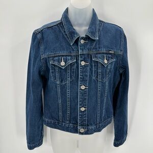 VTG Denim Jacket Squeeze Stephen Hardy Button Sz L Dark Wash Blue Cotton Jean